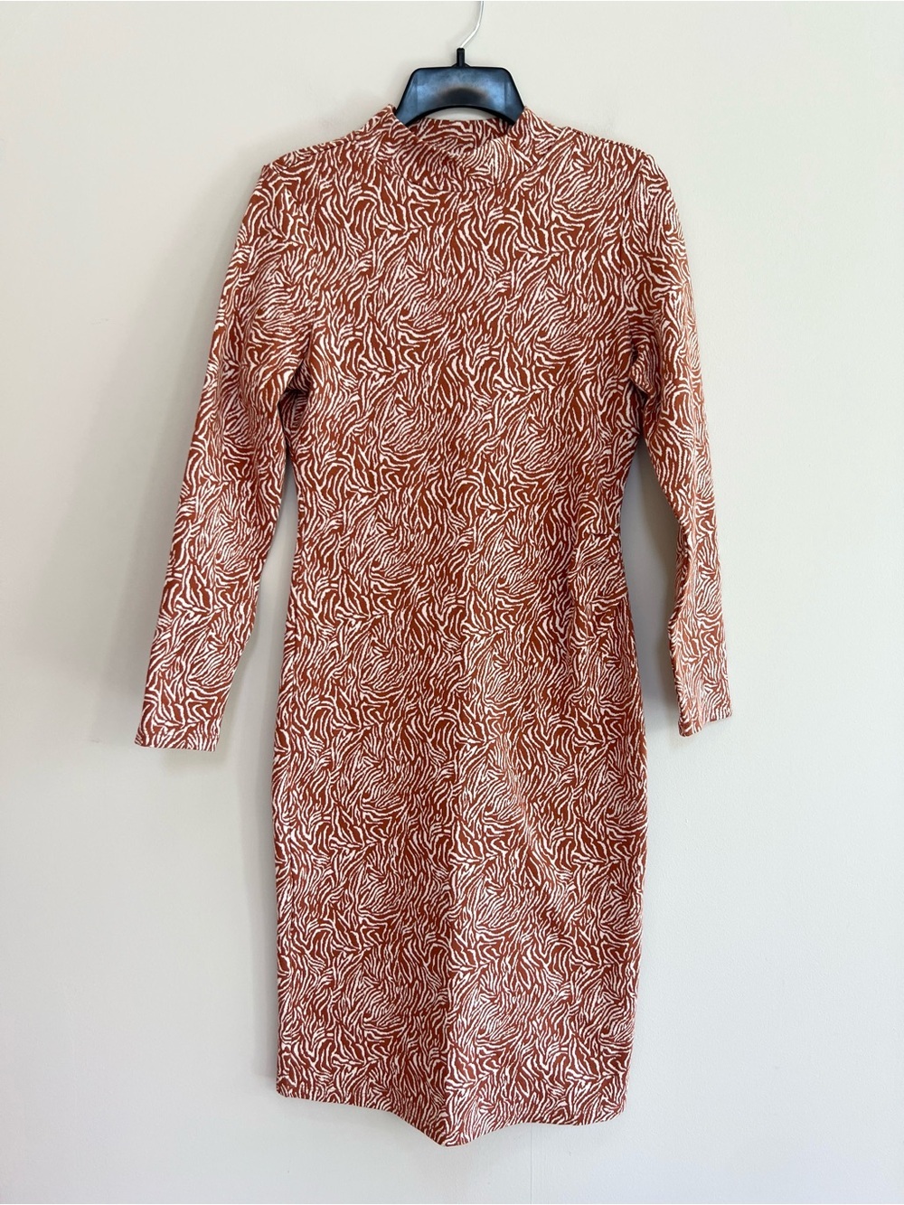 Kettlewell Tiger Burnt Orange Brown Stripe Mock Neck Safari Sheath Dress, size S